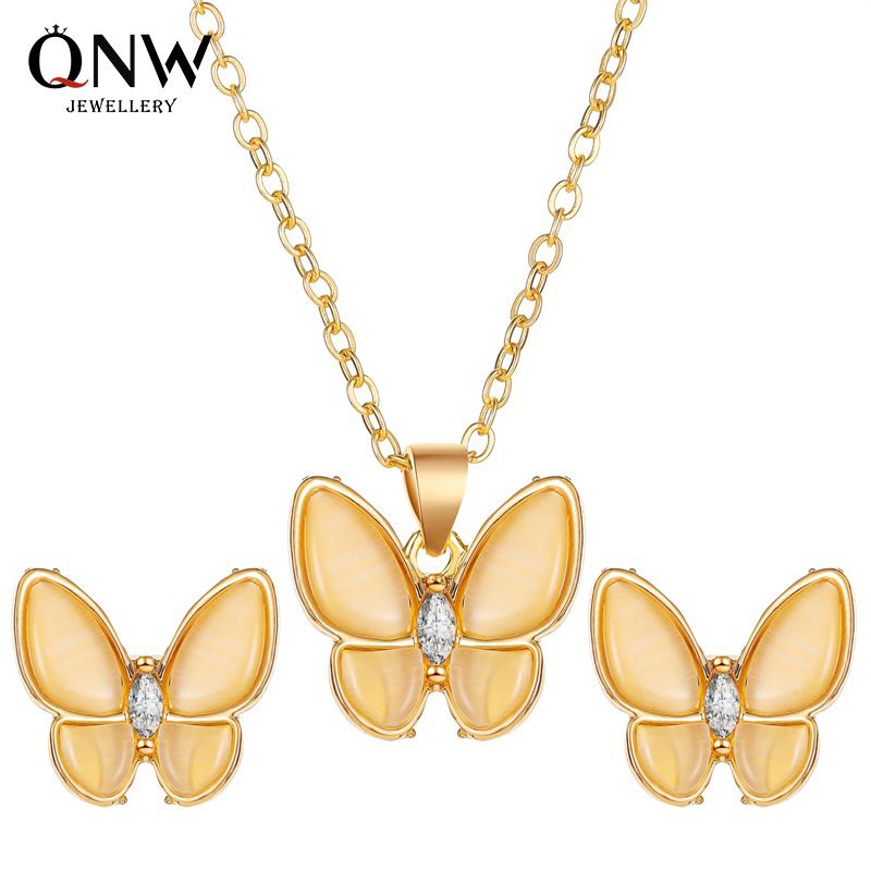 Fashion New Set Of Jewelry Simple Versatile Opal Butterfly Necklace Elegant White Mother-of-pearl Butterfly Earrings Nihaojewelry