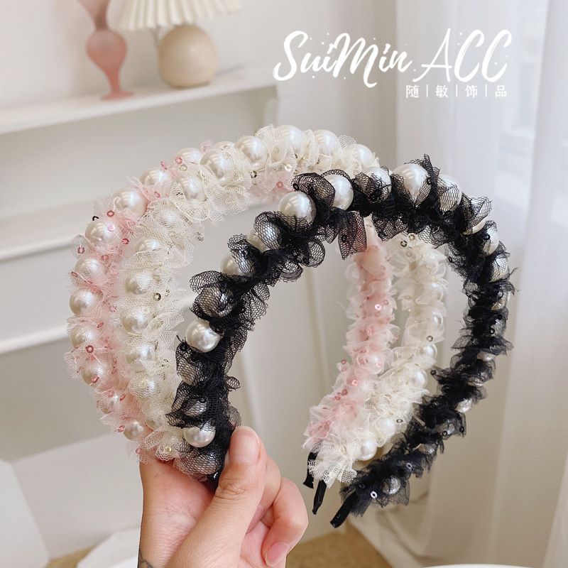 Korean Fashion Mesh Headband Fine-edge Large Pearl Headband Hair Bundle Wholesale Nihaojewelry