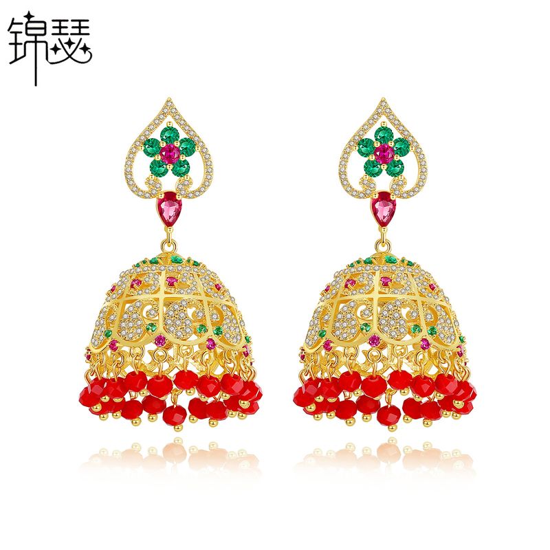 Jinse Yin Rote Ohrringe Europäische Und Amerikanische Grenz Überschreitende Farbe Hohle Ethnische Stil Damen Kupfer Eingelegtes Zirkonium Quaste Ohrring Geschenk
