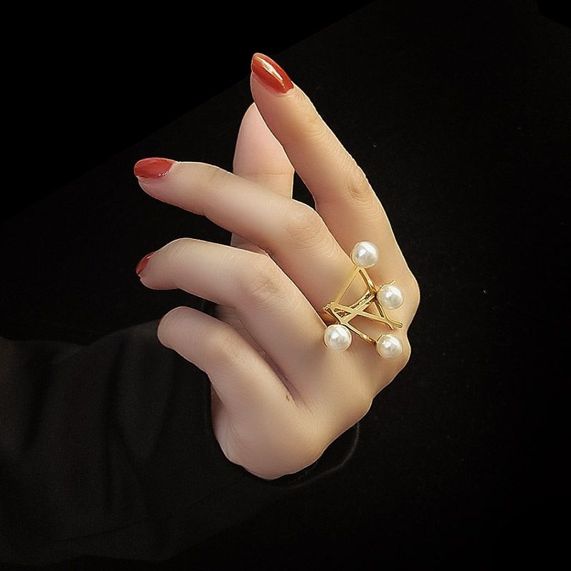 Cross Symbol Magazine Style Pearl Exaggerated Fashion Ring Titanium Steel Material Rings Wholesale Nihaojewelry