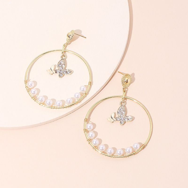 Nischen Vielseitige Diamant-schmetterlings Anhänger Geometrische Große Kreis Ohrringe Kaltwind Französische Damen Perlen Ohrringe