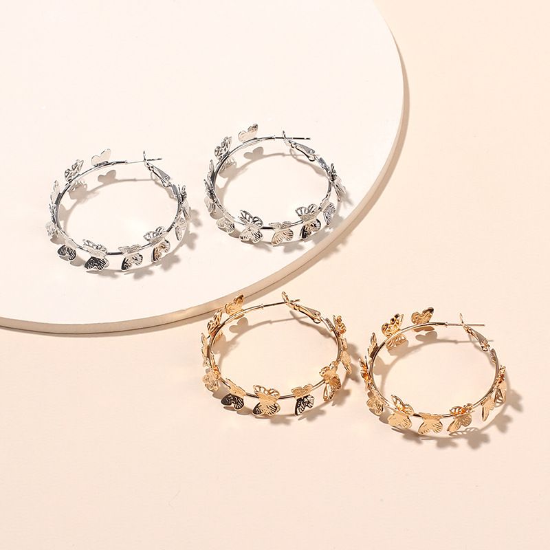 Golden Butterfly Flying Round Ring Metal Earrings Spread Geometric Circle Earrings Wholesale Nihaojewelry