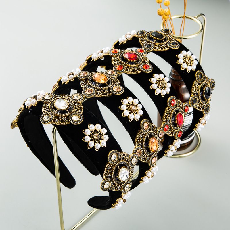 Fashion Baroque Style Black Gold Velvet Rhinestone Headband Retro Wide-brimmed Pearl Headband