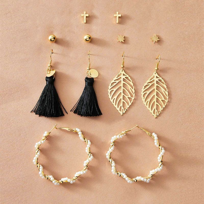 5510-43 Han Zhi Shang Europäische Und Amerikanische Neue Kreative Hohle Blätter Künstliche Perlen Quaste Ohrringe Set 6 Paare