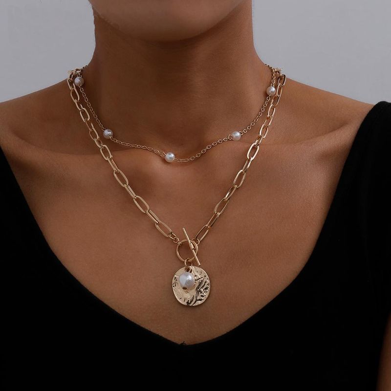 51676 Han Zhi Shang Europäische Und Amerikanische Kette Perle Doppels Chicht Halskette Kreative Retro Einfache Legierung Schlüsselbein Kette