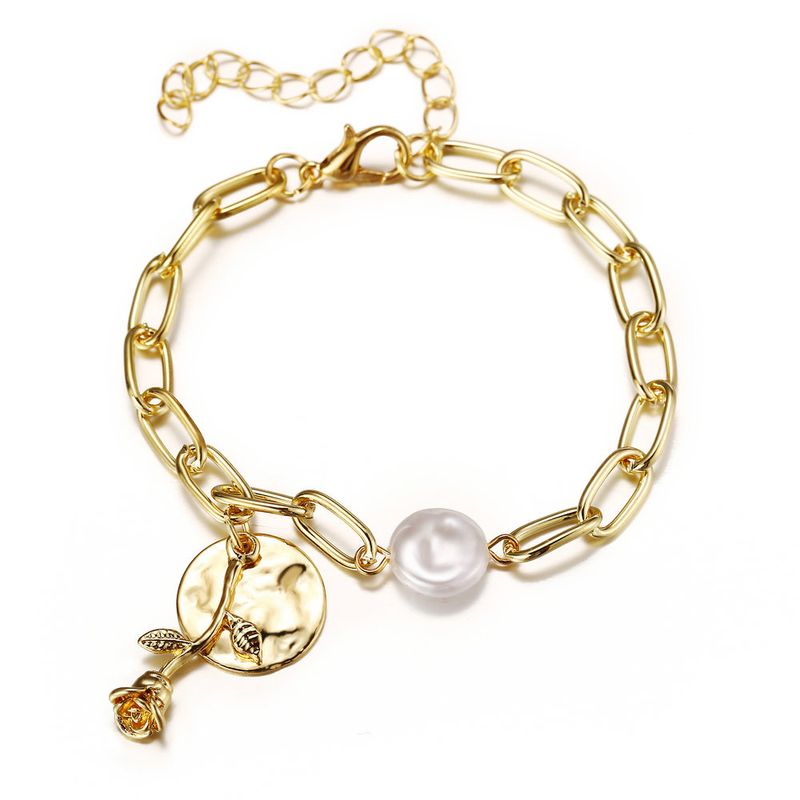 New Creative Pearl Disc Rose Flower Bracelet Retro Metal Alloy Chain Bracelet Wholesale Nihaojewelry