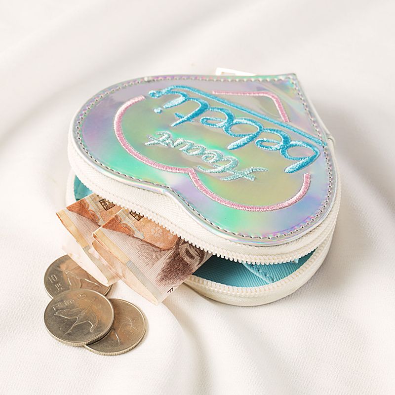 Fashion Peach Heart Embroidery Small Purse Laser Outer Case Coin Purse Coin Key Storage Bag Earphone Bag