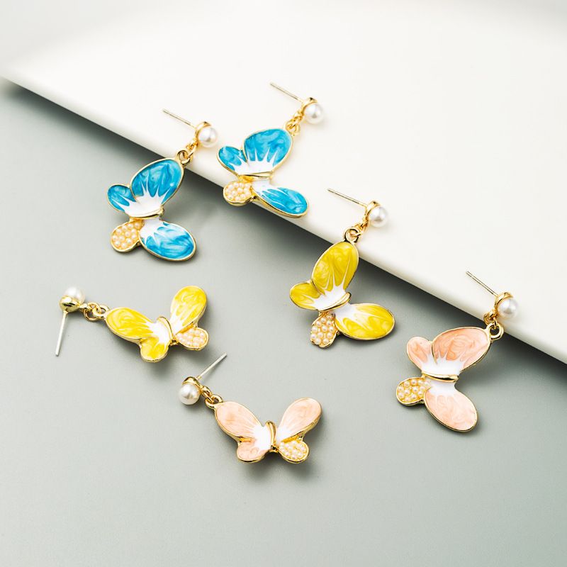 S925 Silver Needle Earrings Korean Alloy Drop Oil Inlaid Pearl Butterfly Earrings For Girl Fashion Heart Earrings