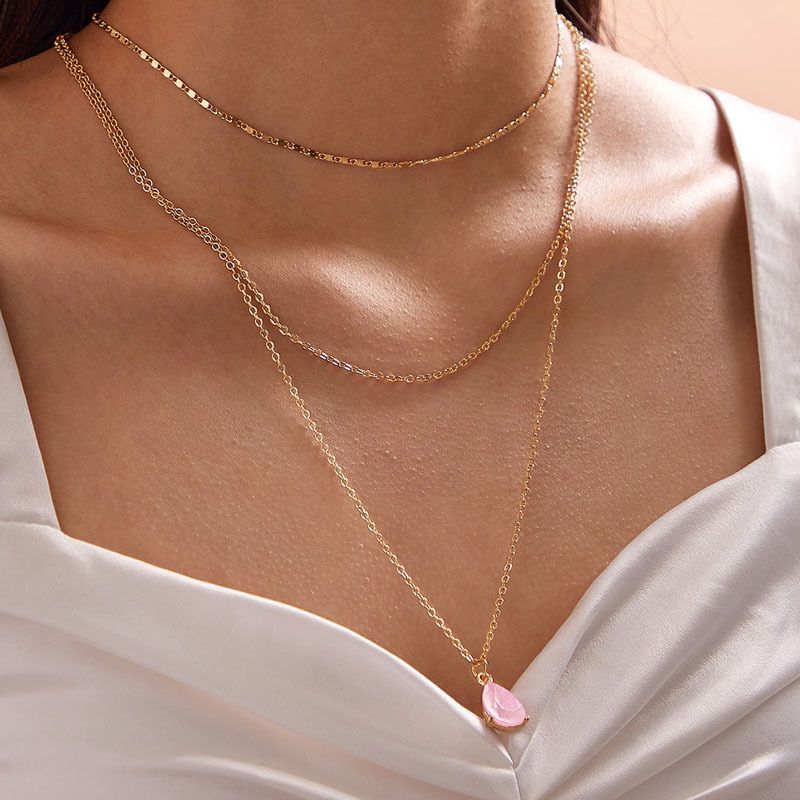 Popular Jewelry Simple Pink Rhinestone Pendant 3 Layer Necklace Alloy Zircon Multi-layer Necklace Wholesale Nihaojewelry