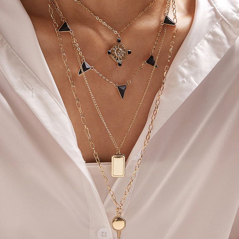New  Person Head Sun Flower Multilayer Necklace Rectangular Triangle Necklace Wholesale Nihaojewelry