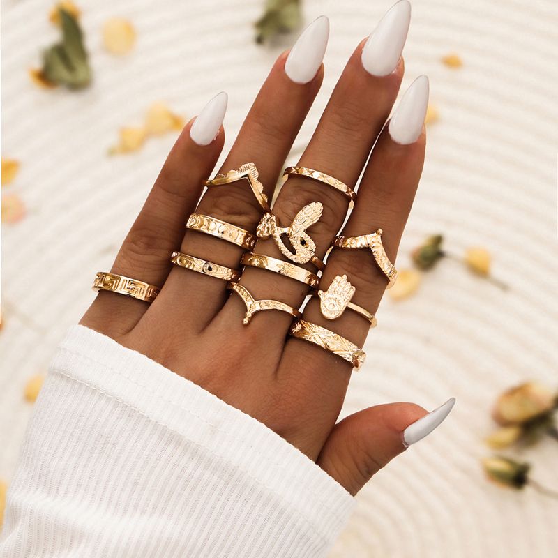 Fashion Geometric Shape Rings Serpentine V-shaped 11-piece Set Ring Alloy Rings Simple Exquisite Rings Set
