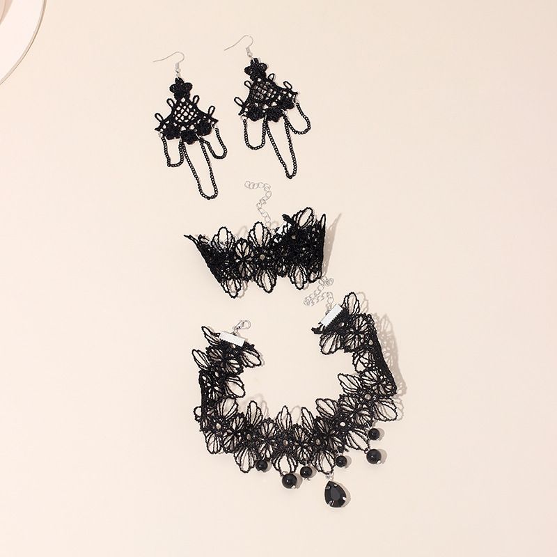 Korea Gothic Style Black Lace Flower Tassel Earrings Necklace Bracelet Set  For Women  Wholesale