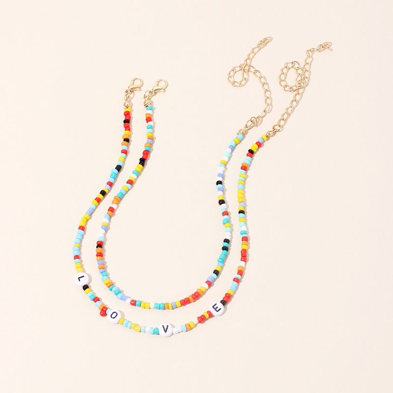Fashion Retro Ethnic Style Necklace Simple And Sweet Love Letter Rice Beads Short Double Layer Necklace Wholesale Nihaojewelry