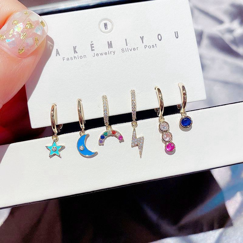 Korea Ear Buckle 6-piece Set Of Oil Star And Moon Rainbow Lightning Zircon Earrings Wholesale Nihaojewelry