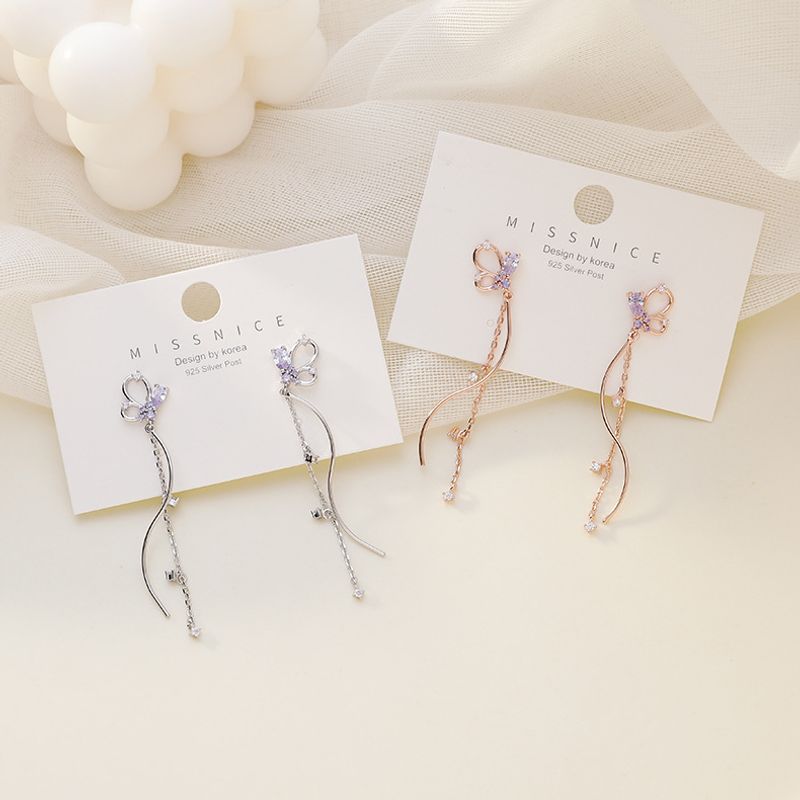 925 Silver Needle Korean Micro-inlaid Zircon Butterfly Tassel Long S-shaped Curve Earrings For Women