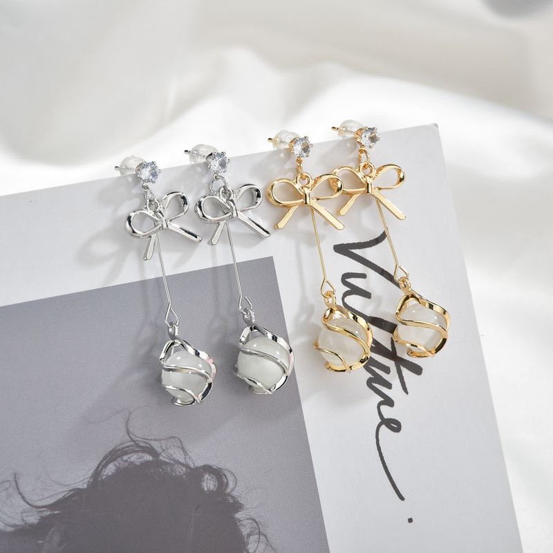 925 Silver Needle Korean Bow Opal Earrings Simple All-match Fashionmonger Eardrops Long Elegant Earrings Female