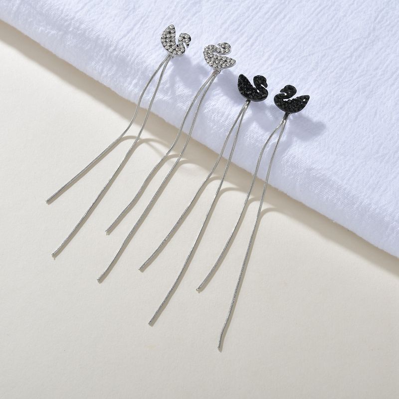 Korean Full Diamond Black Swan Ear Clip Earrings Long Tassel Earrings S925 Silver Needle Wholesale Nihaojewelry