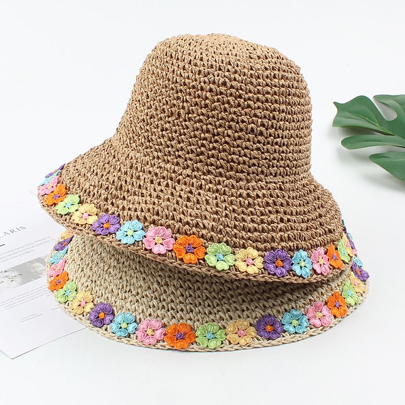 القش قبعة الصيف اللون زهرة طوي الشمس قبعة الشاطئ واقية من الشمس تنفس قبعة الجملة Nihaojewelry