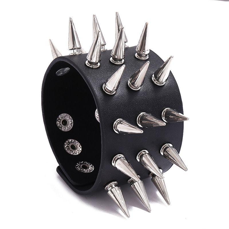 Fashion New Three-row Spikes Exaggerated Punk Wide Leather Bracelet