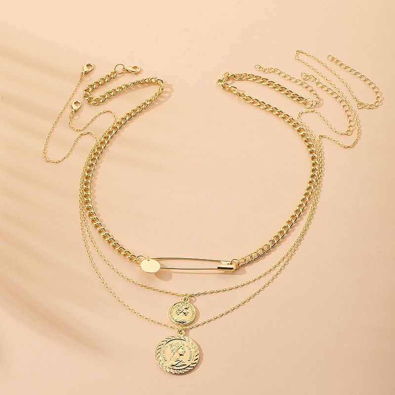 Hot Sale Alloy New Fashion Multi-layer Simple Gold Coin Portrait Geometric Pendant Necklace For Women