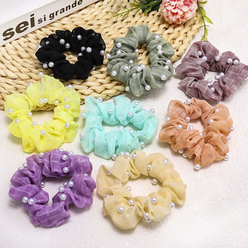 Korea New Lattice Nail Pearl Color Bright Hair Scrunchies Wholesale Nihaojewelry