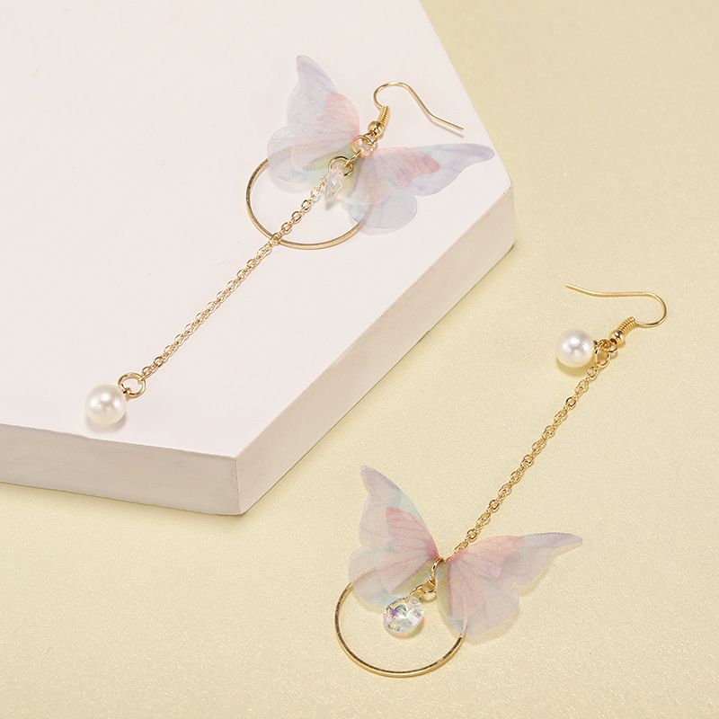 Japanische Und Koreanische Mode, Einfaches Temperament, Lange Asymmetrische Schmetterlings-quasten-ohrringe, Metallkreis-eingelegte Perlen Ohrringe