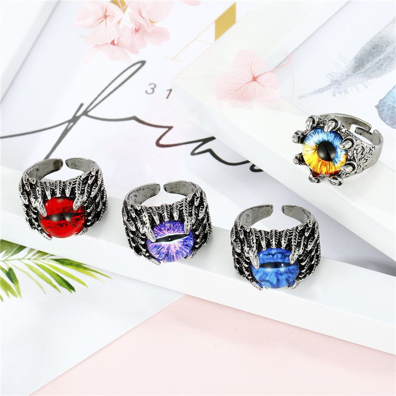 Tendance Européenne Rétro Dominateur Anneau Personnalisé Punk Diable Yeux Antique Argent Anneau Ouvert Hommes Croix-frontière Vendu Bijoux