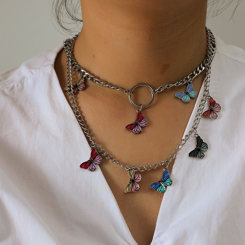 Koreanische Einfache Persönlichkeit Kreative 2-teilige Set Halskette Mode Retro Trend Bemaltes Tropföl Farbe Schmetterlings Halskette