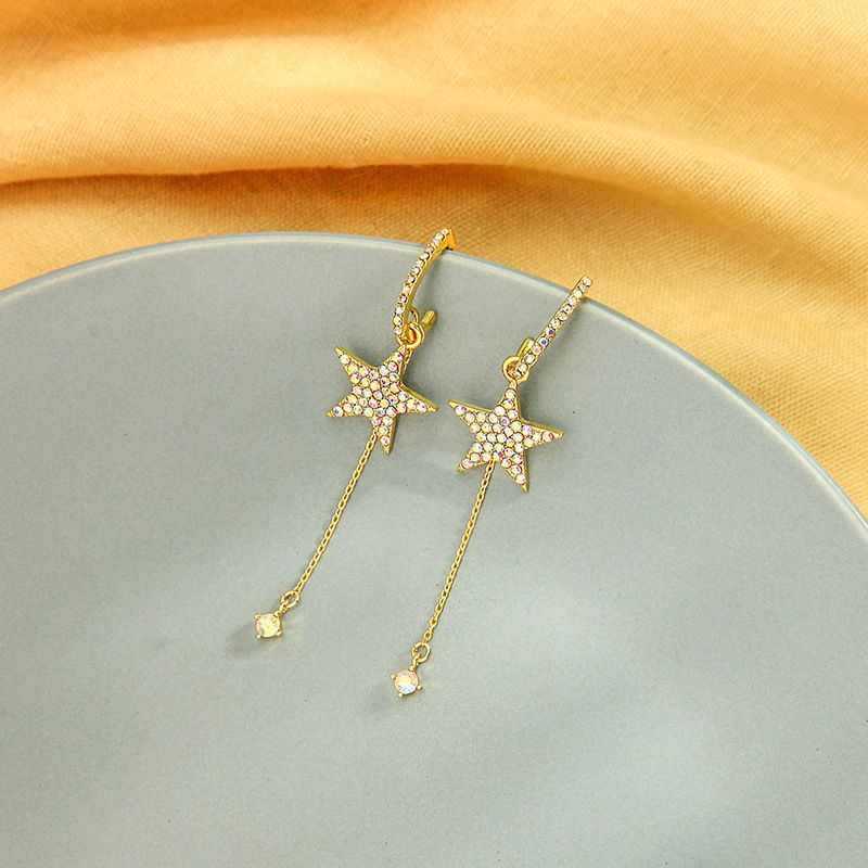 Korean S925 Fashion Diamond Silver Earrings Wild Long Section Super Fairy Star Earrings Wholesale Nihaojewelry
