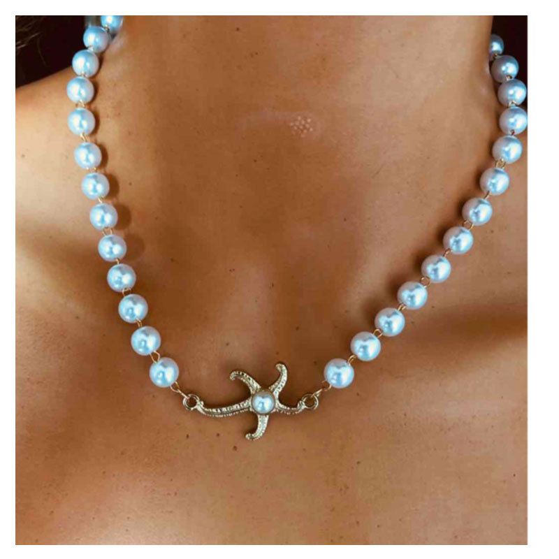 Imitation Perle Metall Halskette Europäische Und Amerikanische Grenz Überschreitende Mode Seestern Legierung Anhänger Schlüsselbein Kette Halskette Weiblich 14390