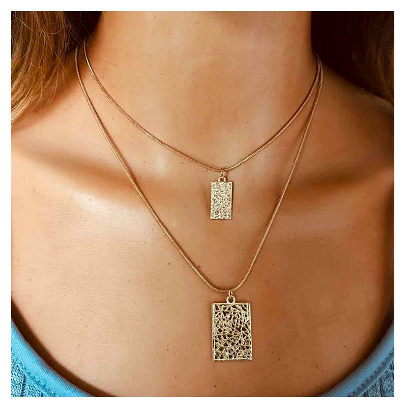 Fashion Style Geometric Chain Necklace Decoration Simple Relief Square Pendant Double Necklace Wholesale Nihaojewelry