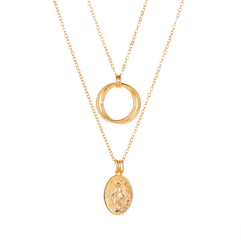 New Circle Leaf Pendant Necklace Double Geometric Jesus Necklace Metal Ring Pendant Jewelry Wholesale Nihaojewelry