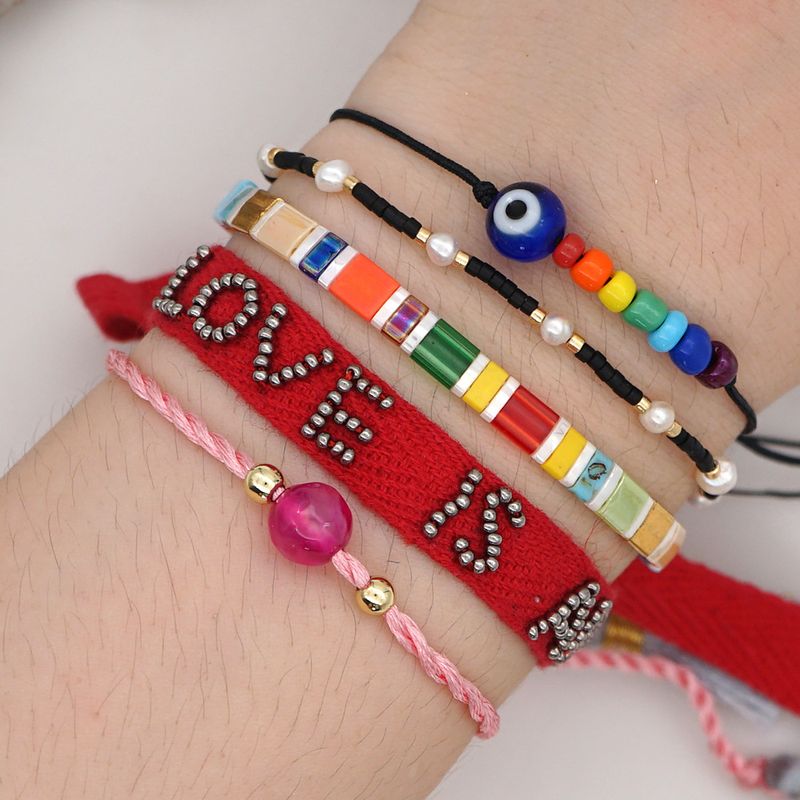 Fashion Summer Beach Style Natural Pearl Rainbow Tila Rice Beads Woven Alphabet Ribbon Bracelet Wholesale Nihaojewelry