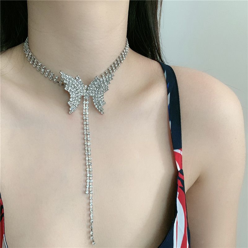 Clavicle Chain Full Diamond Delicate Smart Butterfly Choker Super Fairy Tassel Same Earrings Wholesale Nihaojewelry