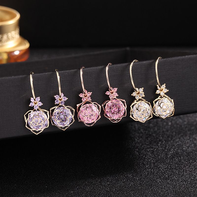 New High-quality 925 Silver Needle Zircon Flower Hollow Rose Earrings Popular Jewelry Wholesale Nihaojewelry