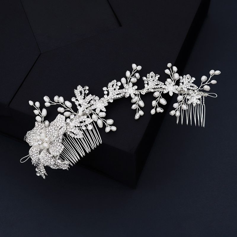 Wedding Style Woven Rhinestone Insert Comb Natural Pearl Hair Ornament Alloy Flower Pair Comb Wholesale Nihaojewelry