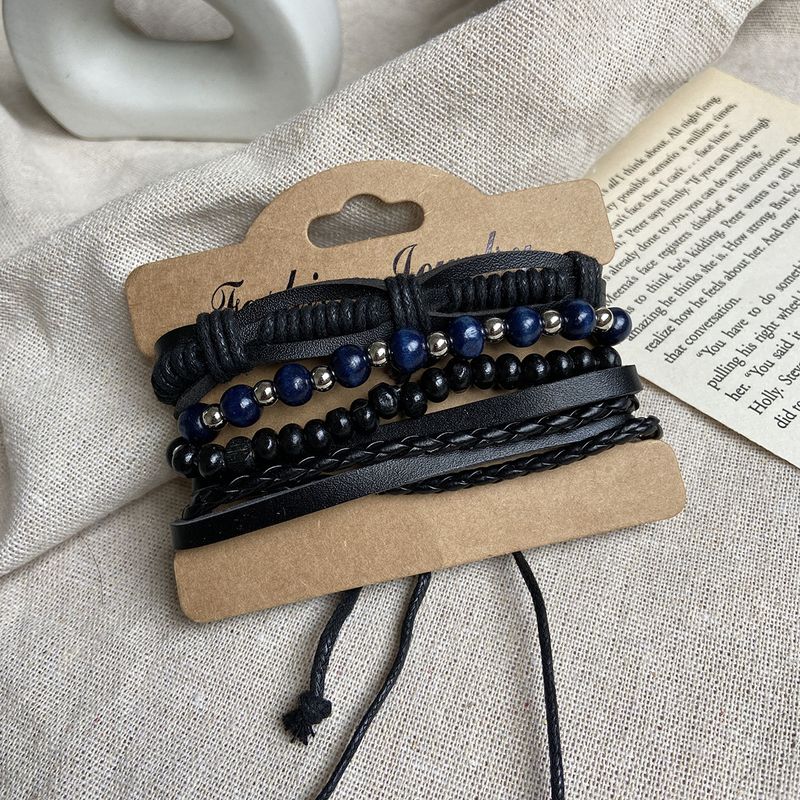 Blue Silver Beaded Black Men's Leather Bracelet 4 Pack Creative Retro Bracelet Wholesale Nihaojewelry