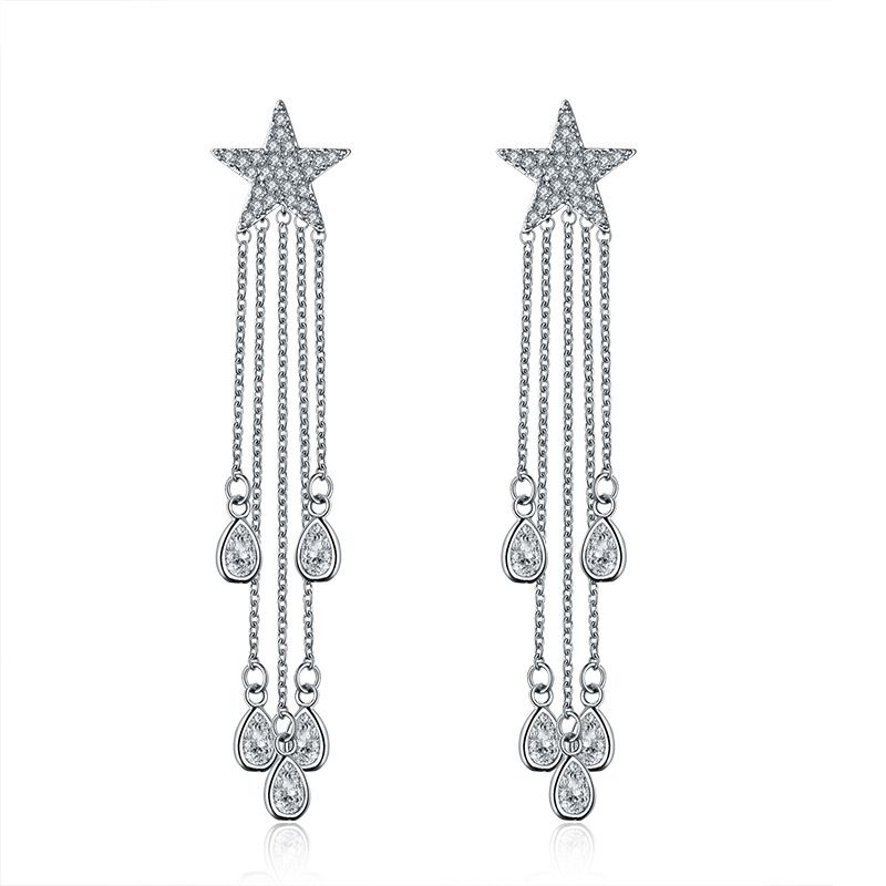 Korean Fashion New Five-pointed Star Tassel Zircon Sterling Silver Needle Earrings Wholesale Nihaojewelry