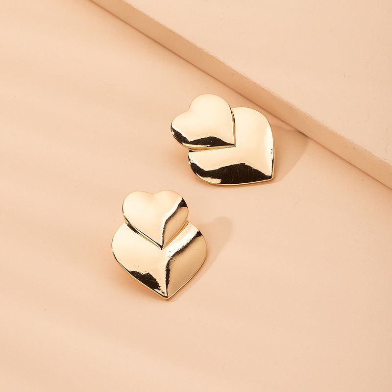 Fashion Simple Mirror Love-shaped Women's Double Peach Heart Exaggerated Metal Sweet Earrings For Women