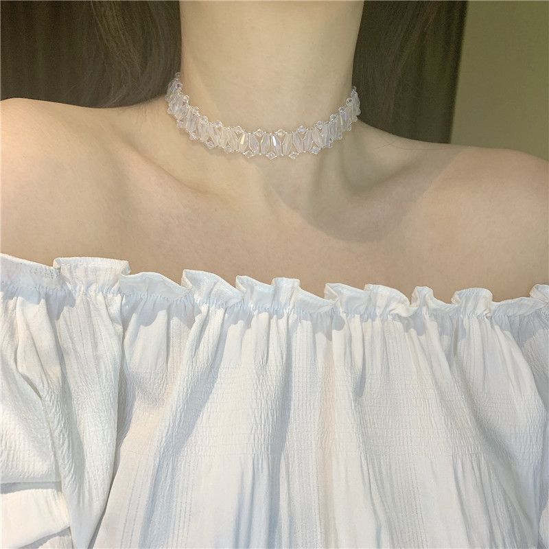 Beaded Transparent Crystal Exquisite Short Wide Alloy Clavicle Chain Choker