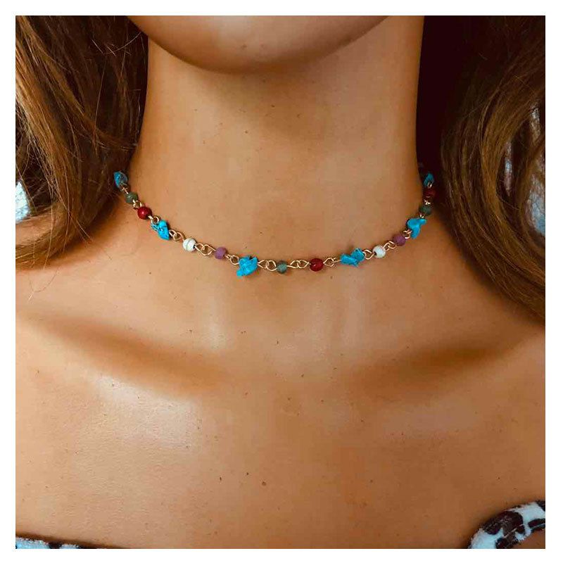 Einfache Mode Im Europäischen Und Amerikanischen Stil Bunte Kies Halskette Grenz Überschreitende Retro-freizeit Halskette Weiblich 14290