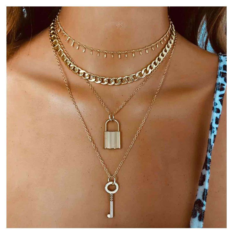 Fashion  Multi-layer Metal Alloy Lock Pendant Necklace For Women