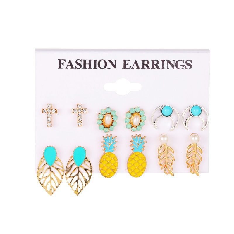 New Fashion Bohemian Retro Leaf Cross Pineapple Alloy Earrings Set