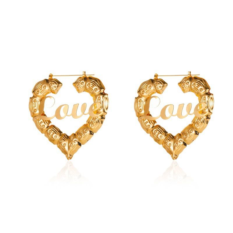 New Retro Exaggerated Bamboo Love Big Earrings Creative Peach Heart Letter Earrings Wholesale Nihaojewelry
