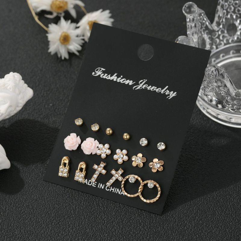 Offre Spéciale Nouvelle Perle Fleur Serrure Cercle Géométrique 9 Paires Combinaison Strass Alliage Boucle D&#39;oreille Ensemble