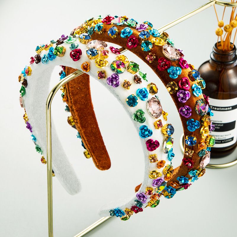 New Fashion Metal Flower Sponge Headband Baroque Style Color Rhinestone Headband