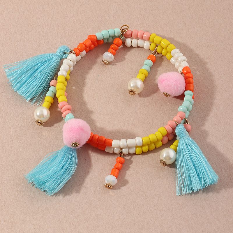 Fashion Bohemian Style Color Rice Bead Wild Tassel Alloy Pendant Bracelet For Women