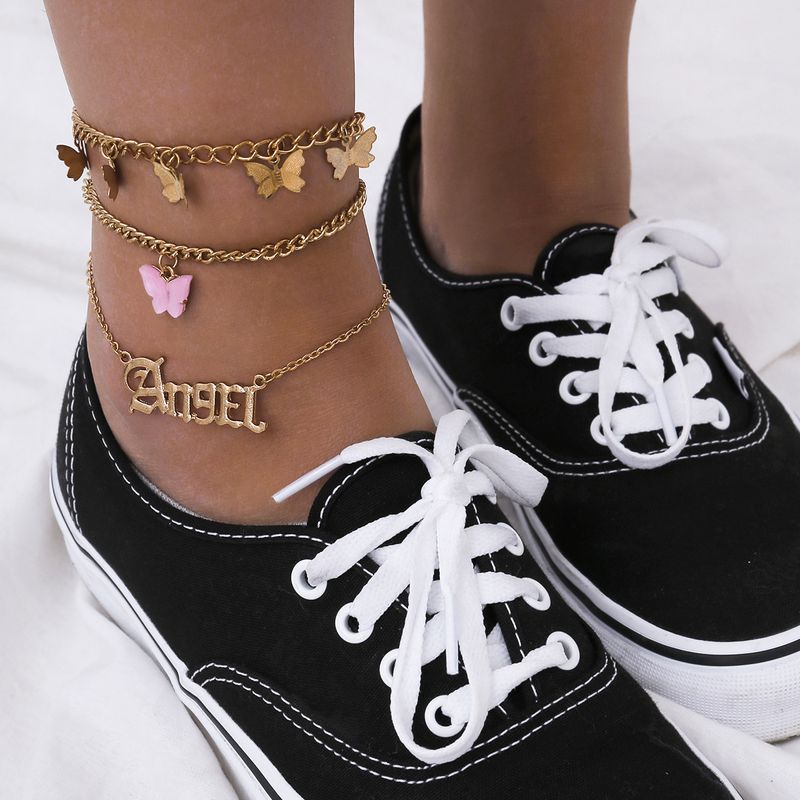 Fashion Simple Multi-layer Letter Foot Ornaments Retro Street Shooting Butterfly Pendant Anklet For Women