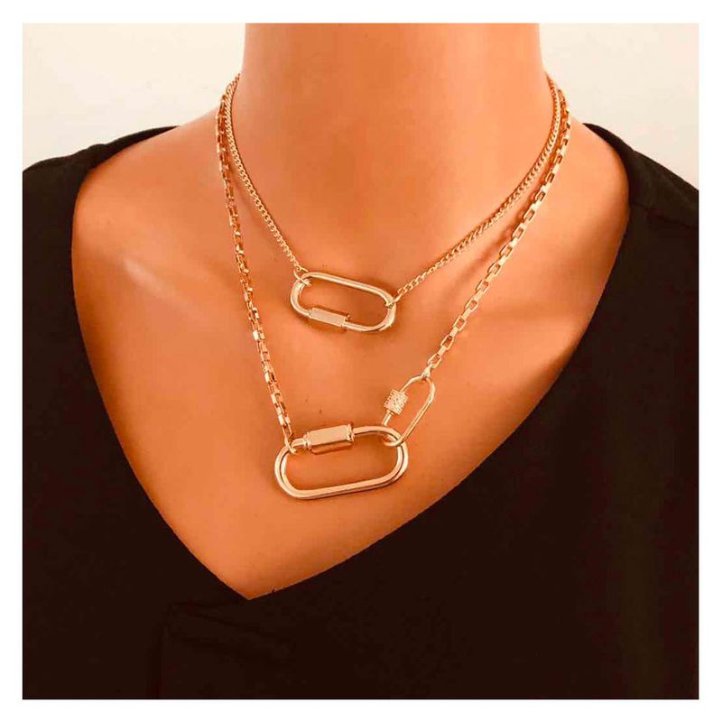Fashion Simple Double-layer Carabiner Alloy Accessories Retro Geometric Pendant Necklace For Women