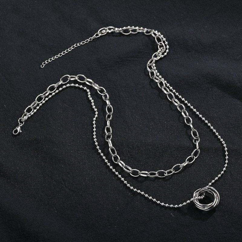 New Titanium Steel Retro Trendy  Double Ring Row Pendant Necklace For Women